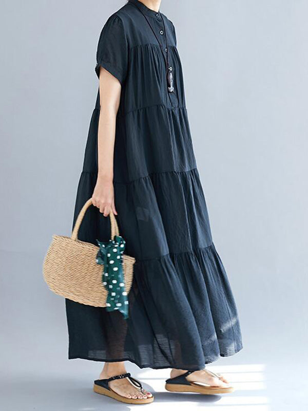 Loose Split-joint Pleated Short Sleeves Round-neck Midi Dress