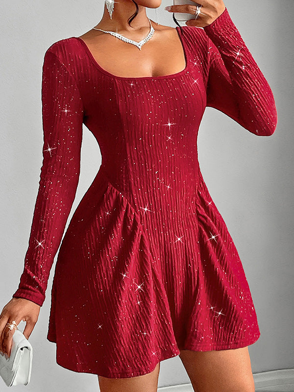 A-line Long Sleeves Backless Pleated Shiny Color U-neck Mini Dresses