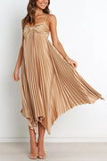 Color Suspender Pleated Irregular Midi Dress