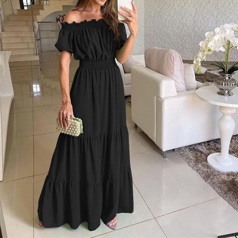 Summer Vestidos Red Short Sleeve Club Party Evening Long Dress Slim Color Robe Ruffles Elastic Waist Slash Neck