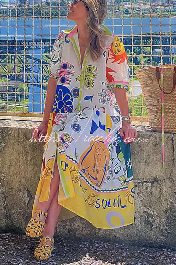 Chasing the Sun Unique Print Pocketed Shirt Midi Dress