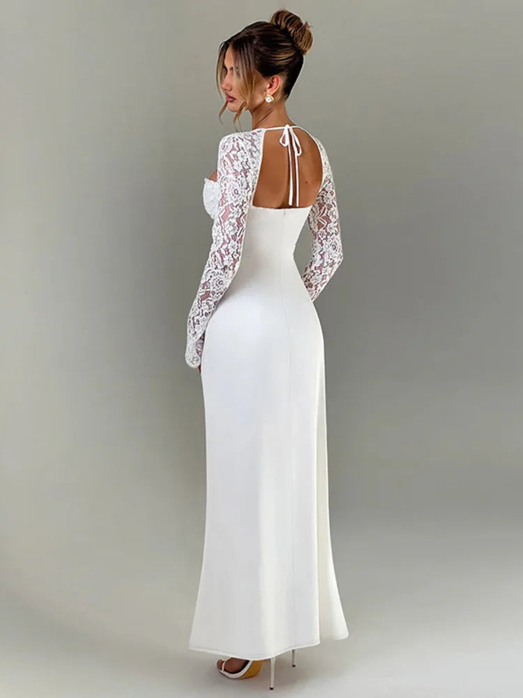 Lace Long Sleeve Maxi Dress Autumn New Square Collar Backless Lace-up High Split Club Party Long Dress