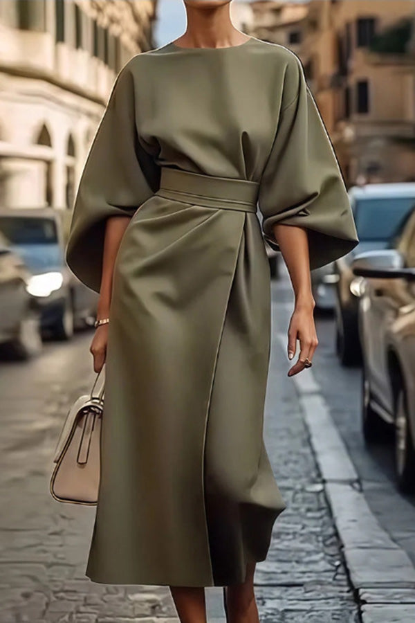 Color Batwing Sleeve Waisted Midi Dress