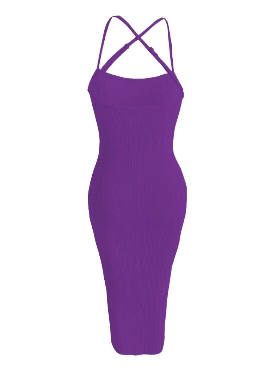 Rib Knit Bodycon Cami Dress Spaghetti Strap Purple Long Dress Sleeveless Skinny Maxi Vestidos – Purple Bodycon Cami Dress