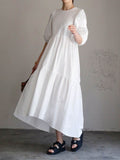 Half Sleeves Puff Sleeves Breathable See-through Color Round-neck Midi Dresses
