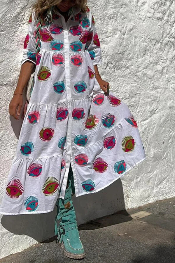Take Me to Cabo Unique Print Button Loose Shirt Midi Dress