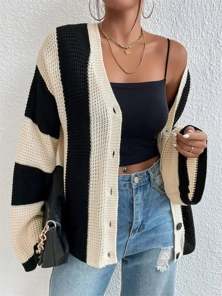 Hollow Out Contrast Cardigan Sweater Knitwear Loose Long Sleeve High Street Outwear Patchwork Female Coat