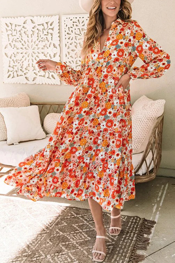 Print Loose Long Sleeve Midi Dress