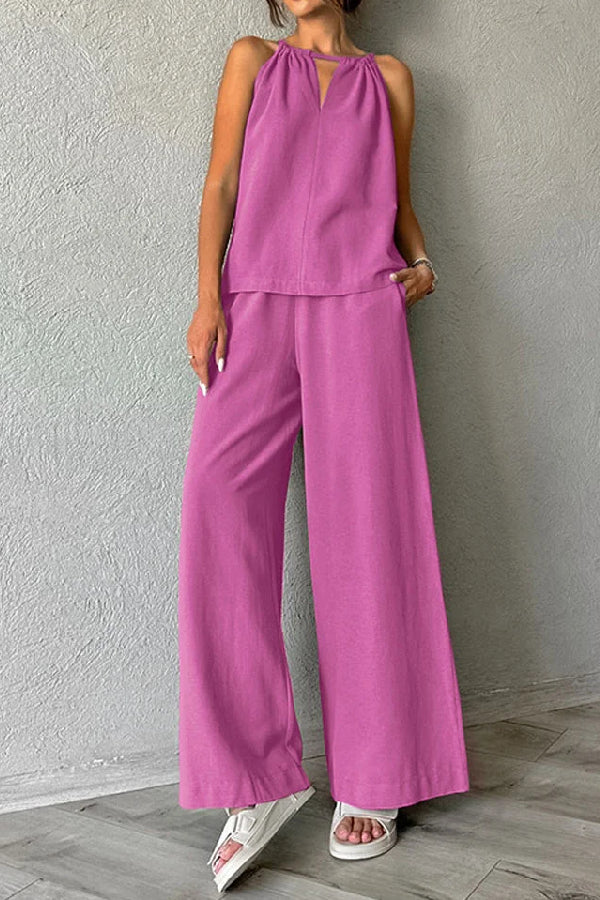 Cotton and Linen Cut-out Lace-up Vest & Wide-leg Pants Two-piece Set
