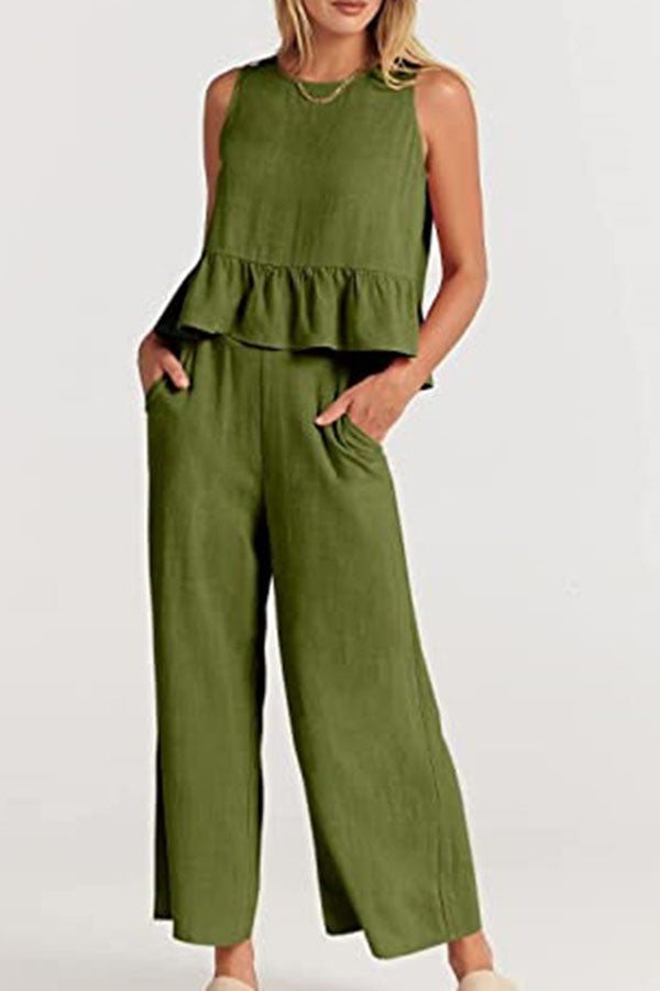 Sleeveless Pleated Vest Wide-leg Cropped Pants Suit