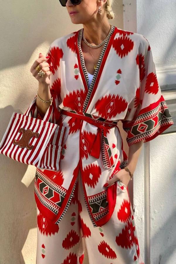 Pop of Red Print Belted Kimono and Elastic Waist Pocket Cropped Pants Set
