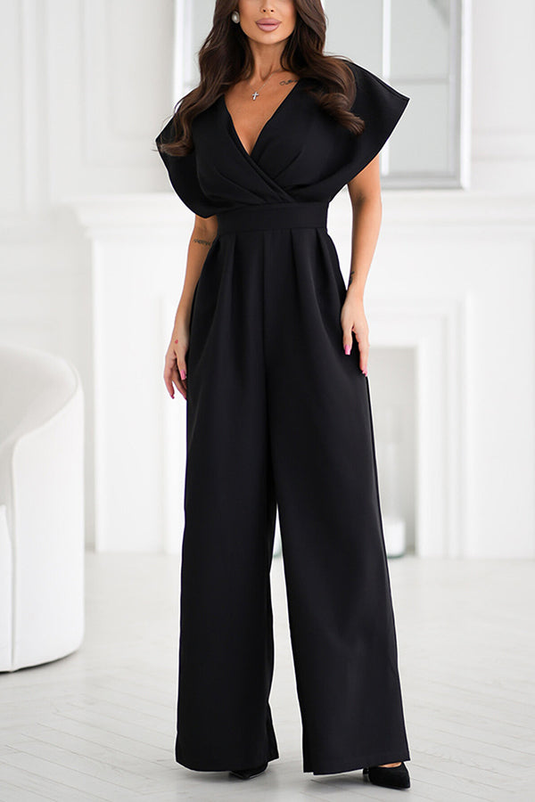 Color V-neck Waist Wide-leg Jumpsuit