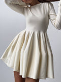 A-line High Waisted No Belt Pleated Color Round-neck Mini Dresses