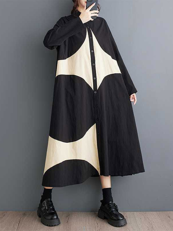 A-line Long Sleeves Buttoned Pockets Printed Lapel Midi Dresses Shirt Dress