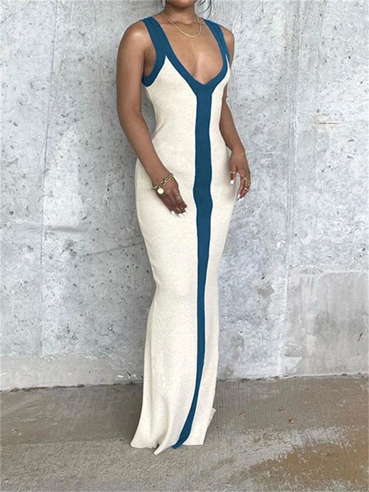 Patchwork Contrast Slim Maxi Dress Female Off-shoulder V-neck Party Dress High Waist Beach Holiday Outfits Long Dress