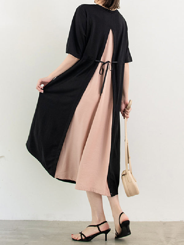 Original Half Sleeves Loose Contrast Color Split-back Round-neck Midi Dresses