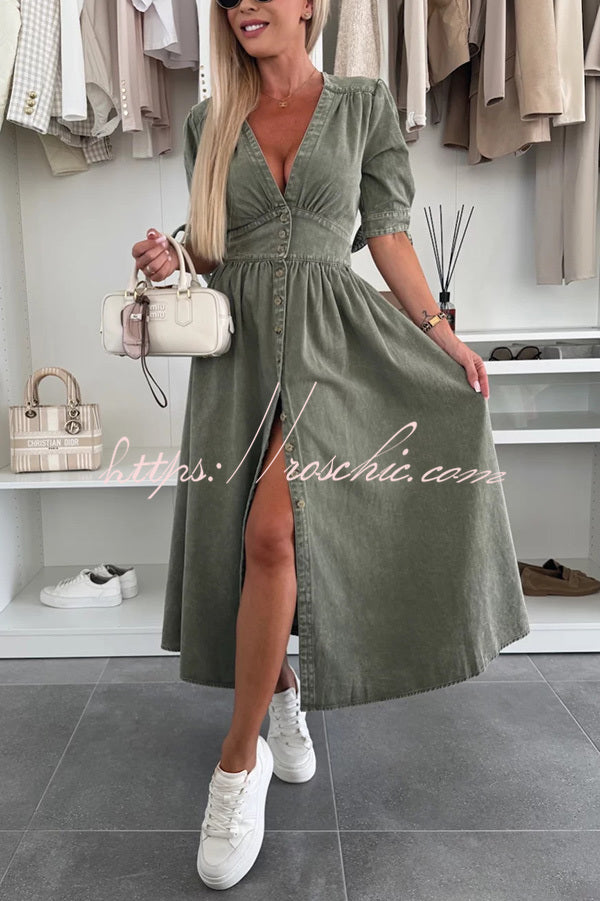 Color V-neck Button-down Denim Midi Dress
