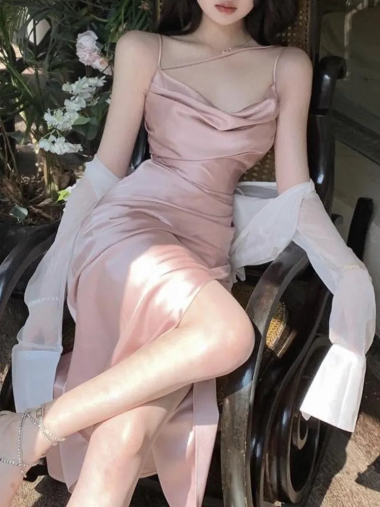 Satin Midi Dress New Summer Spaghetti Strap Slim Swinging Collar Split Evening Party Dresses Prom One Piece Vestido