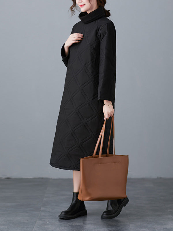 A-line Long Sleeves Color High-neck Midi Dresses