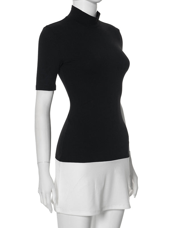 Short Sleeves Skinny Contrast Color Split-joint High Neck Mini Dresses