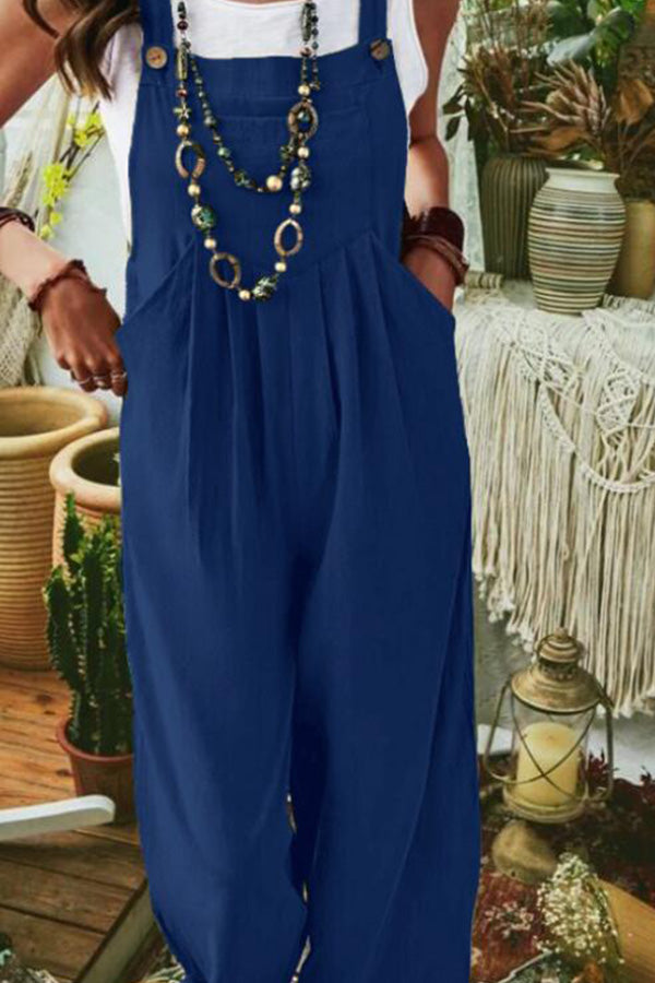 Color Sleeveless Pocket Wide Leg Side Button Jumpsuit