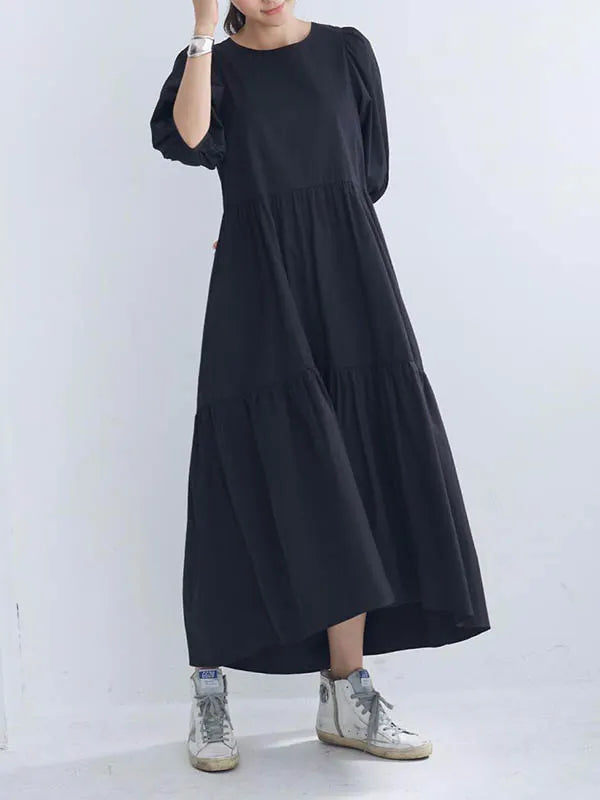 Half Sleeves Puff Sleeves Breathable See-through Color Round-neck Midi Dresses