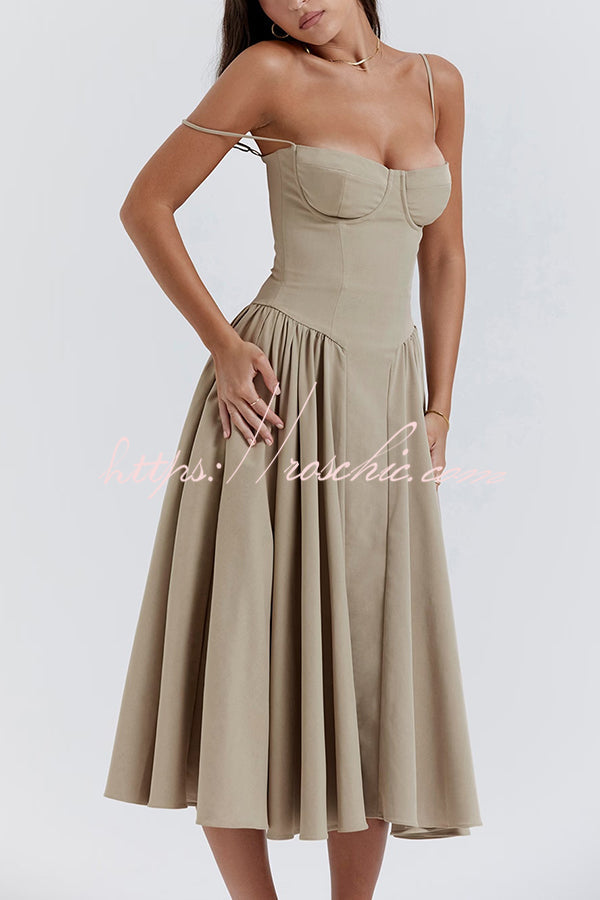 Color Slim Fit Suspender Pocket Midi Dress
