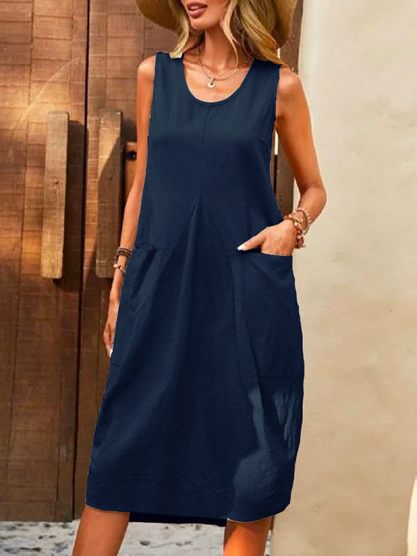 Loose Sleeveless Pleated Color Split-joint Round-neck Midi Dresses