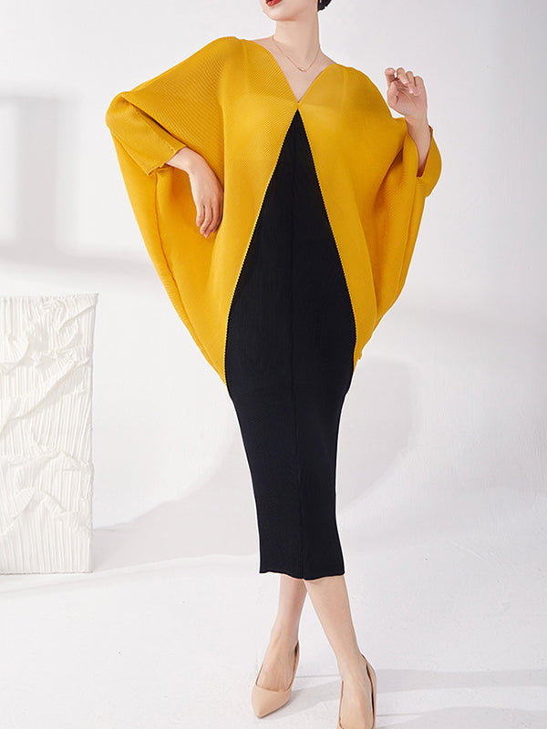 Batwing Sleeves Loose Contrast Color Pleated Round-neck Midi Dresses