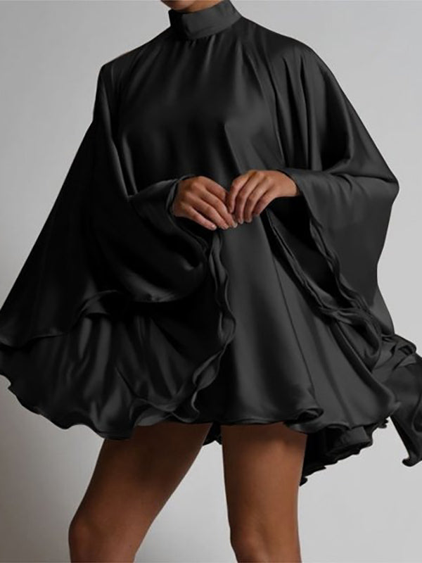 Color High-neck Backless Flared Sleeves Mini Dress