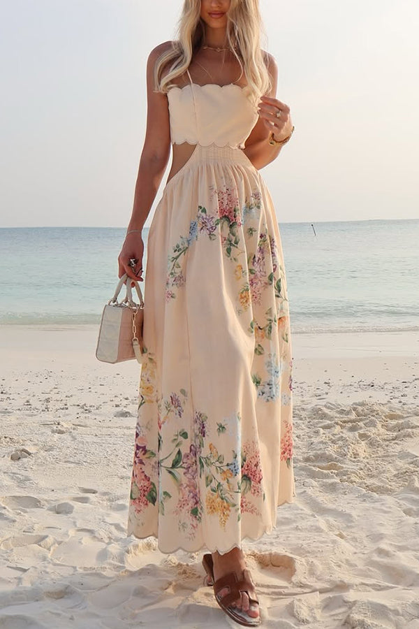 Cabo Sunsets Print Petal Trim Back Lace-up Midi Dress