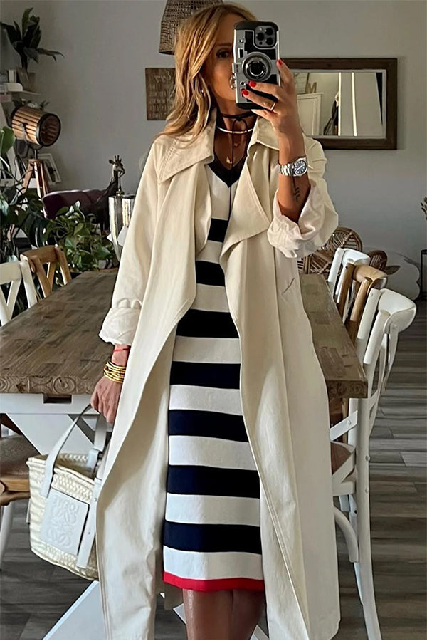 Stripe V Neck Cap Sleeve Midi Dress