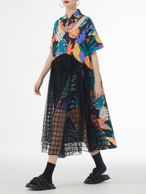 A-line Loose Buttoned Hollow Mesh Printed Split-joint Lapel Midi Dresses