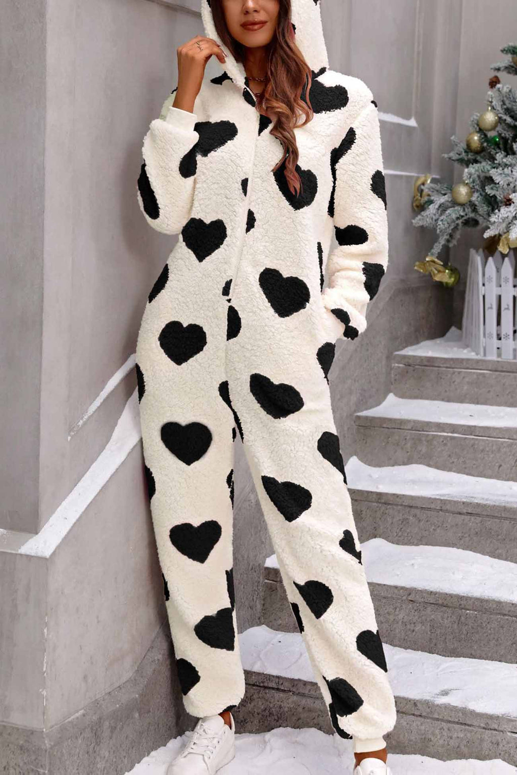 Plush Heart Zip Hooded Jumpsuits