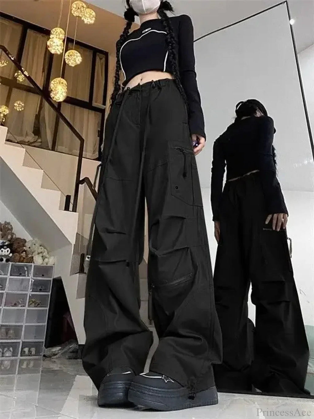 Black Parachute Cargo Pants Y2k Pants