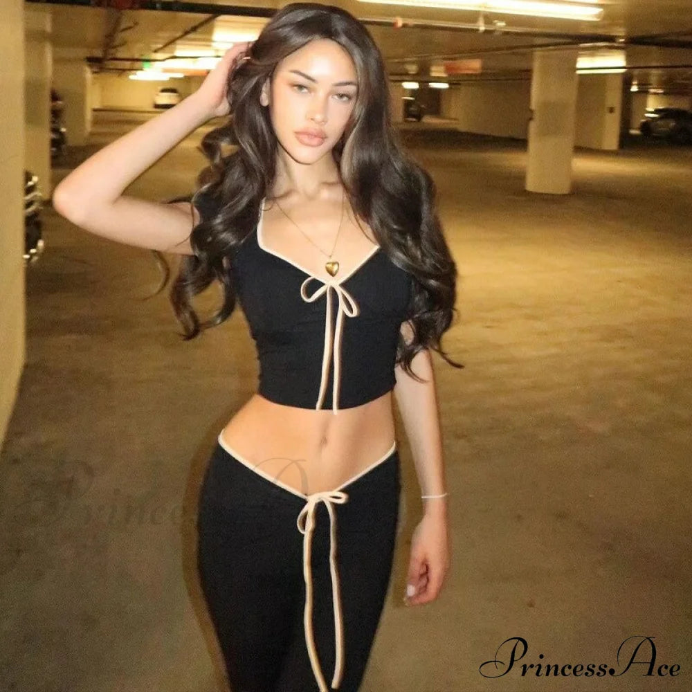 Black Ribbon Tie-up Top Graceful and Pants Two Piece Set