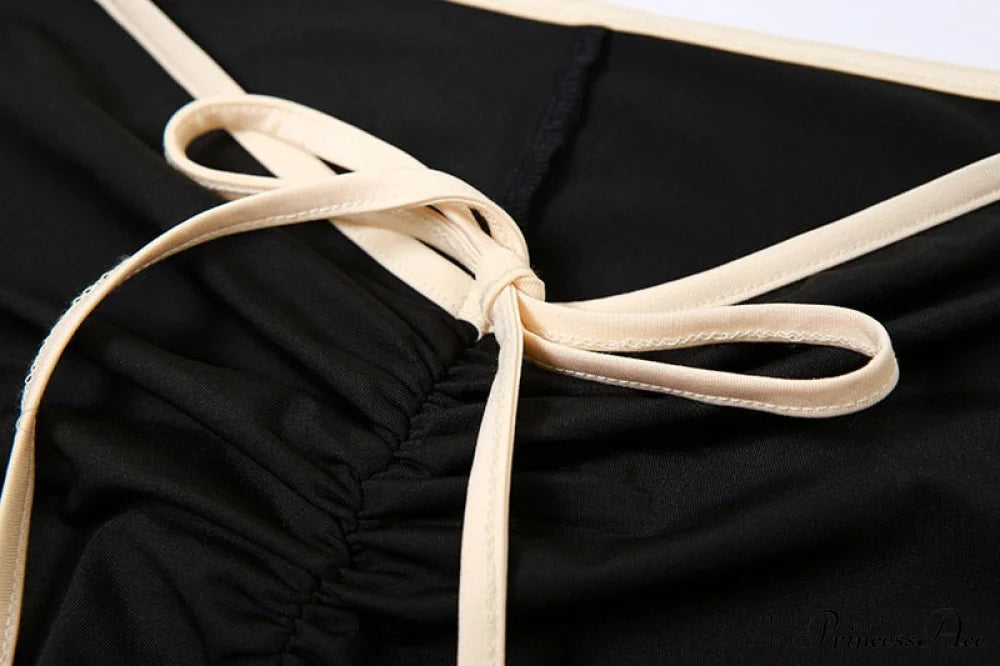 Black Ribbon Tie-up Top Graceful and Pants Two Piece Set