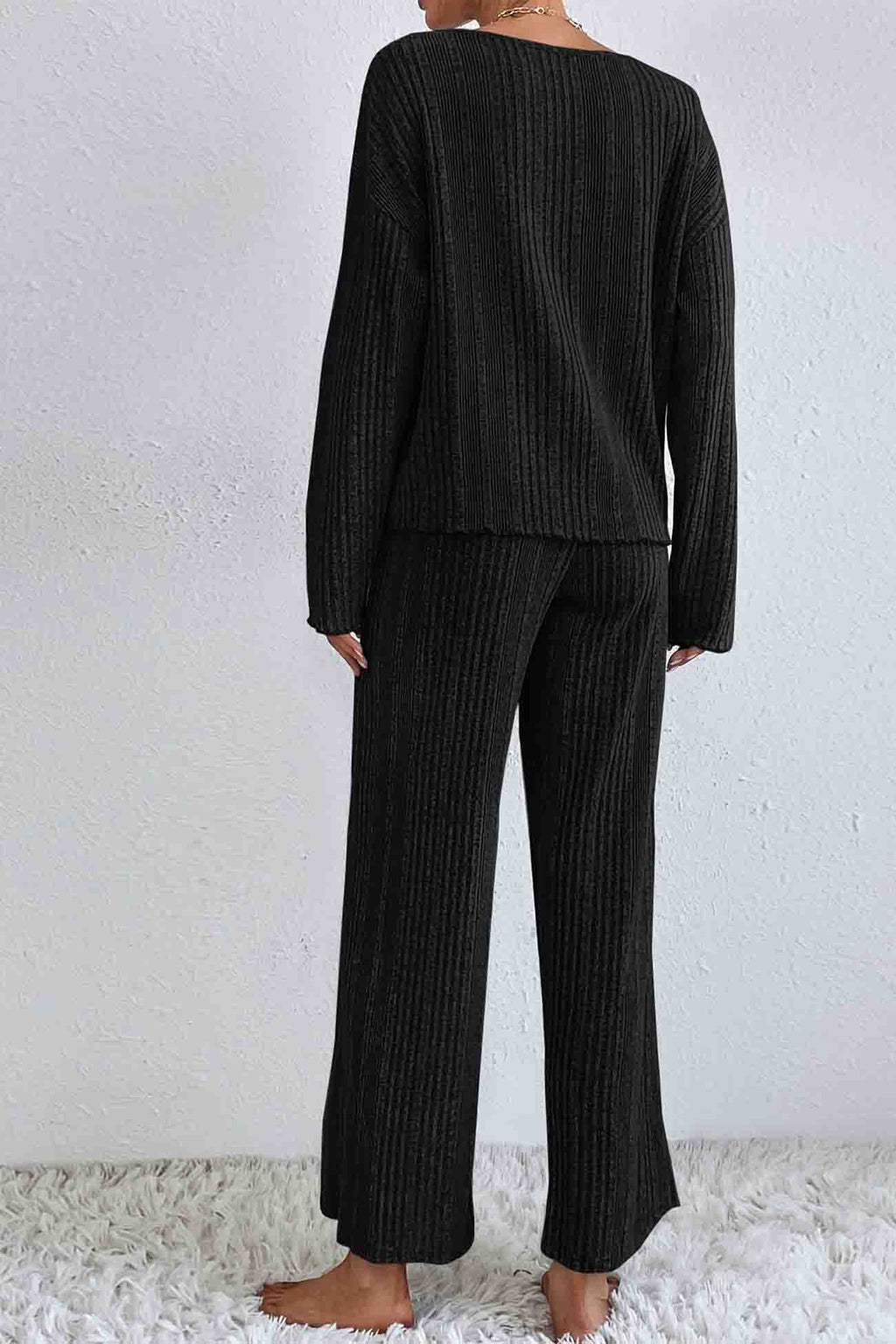 V Neck Ribbed Long Sleeve Two-piece Set