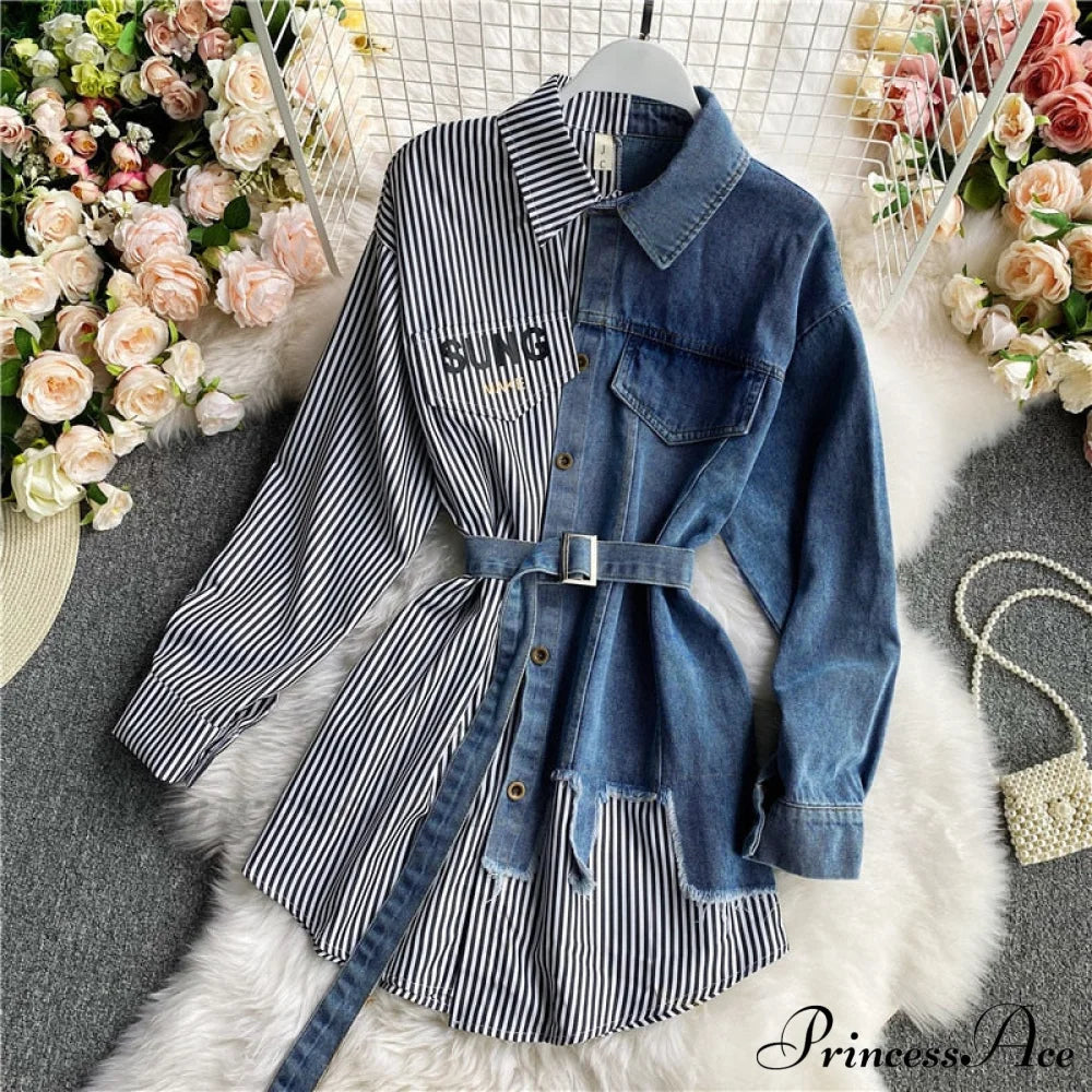 Blouse Patchwork - Plaid Jeans Long Blouse With Autumn Arm Design Slim Dress
