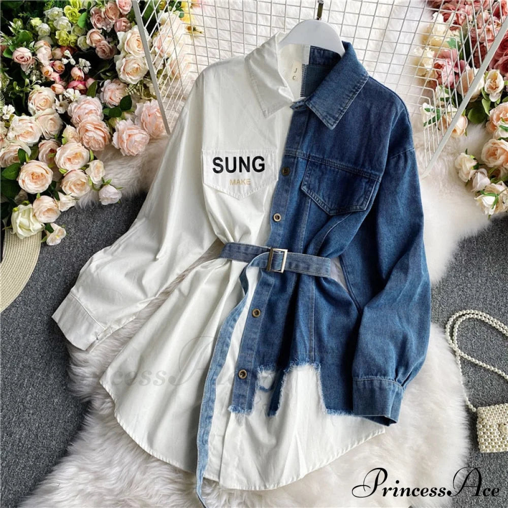 Blouse Patchwork - Plaid Jeans Long Blouse With Autumn Arm Design Slim Dress