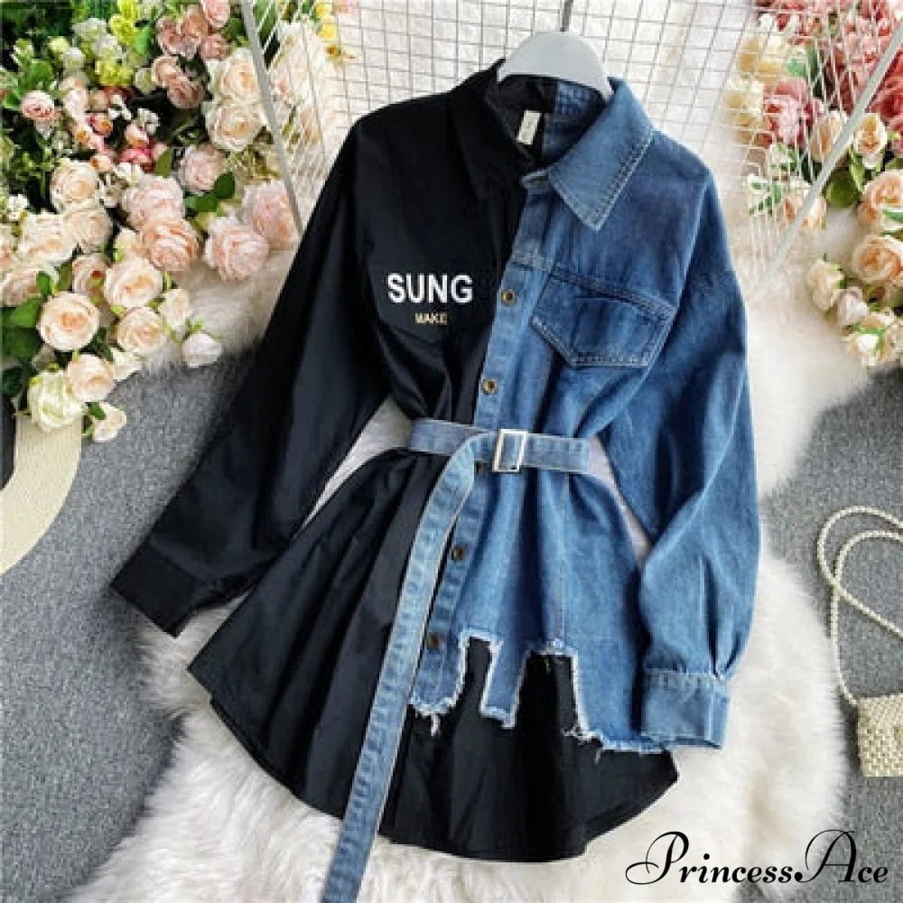 Blouse Patchwork - Plaid Jeans Long Blouse With Autumn Arm Design Slim Dress