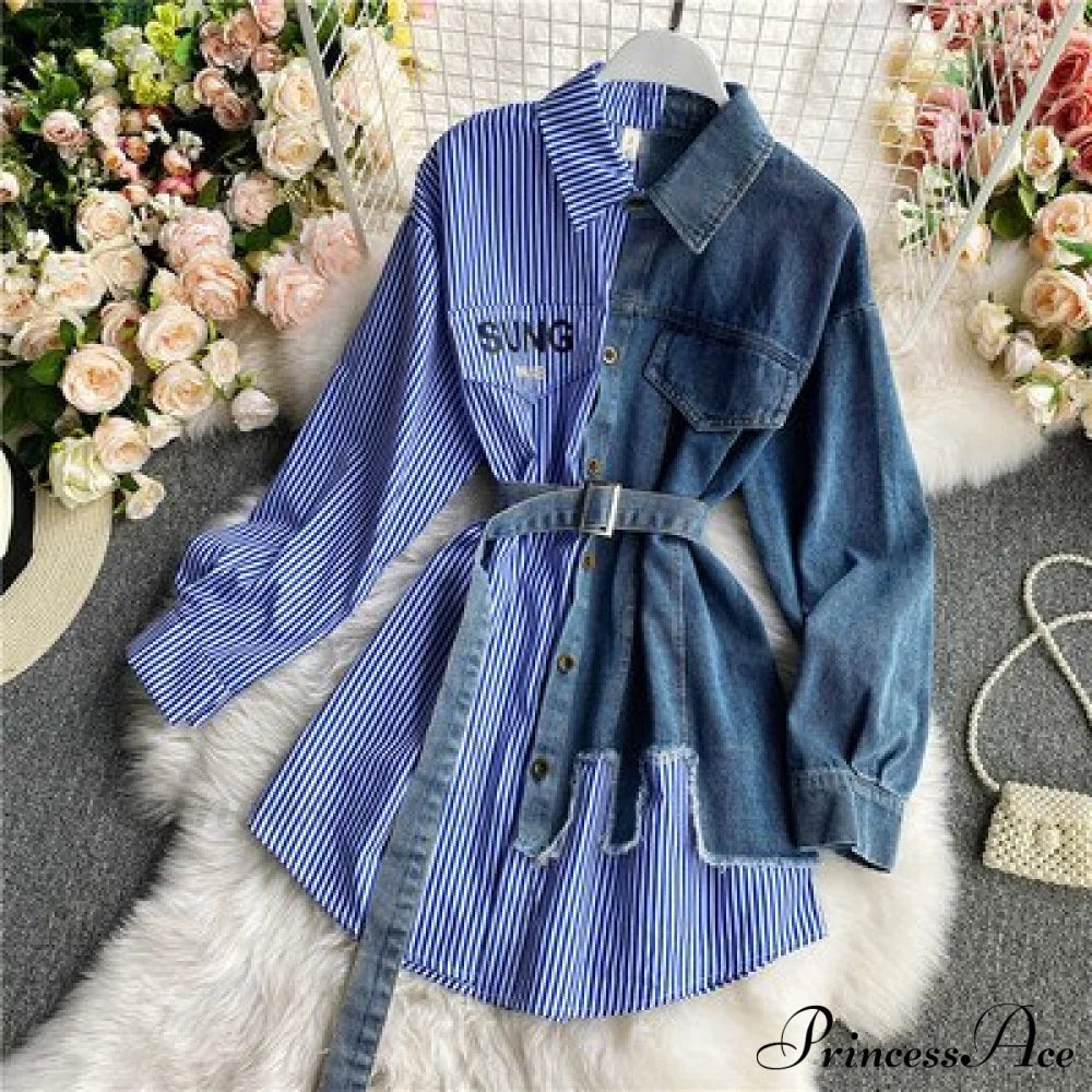 Blouse Patchwork - Plaid Jeans Long Blouse With Autumn Arm Design Slim Dress