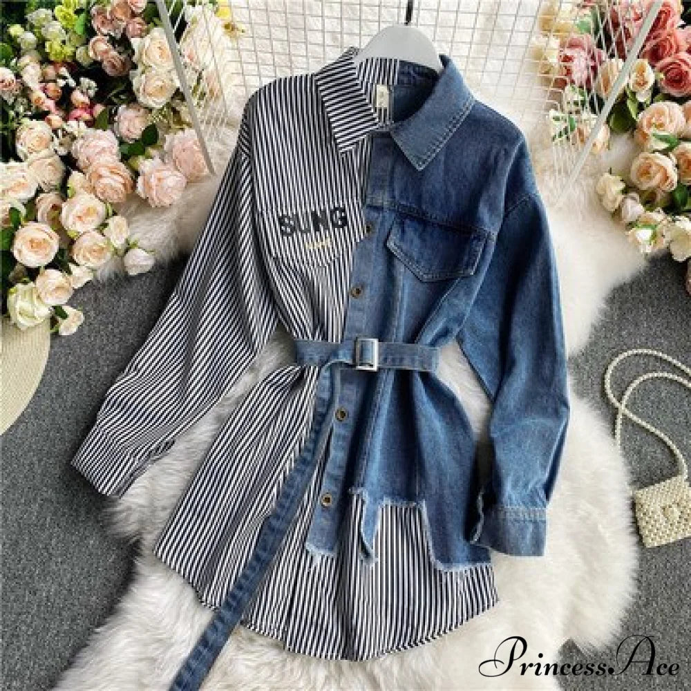 Blouse Patchwork - Plaid Jeans Long Blouse With Autumn Arm Design Slim Dress