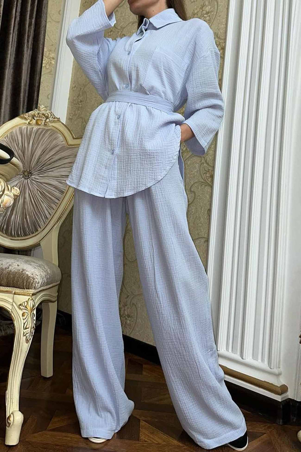 Button Belt Wide Leg Pants Two-piece Set