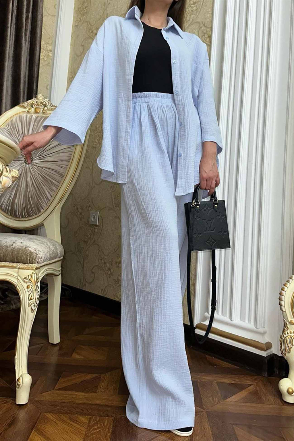 Button Belt Wide Leg Pants Two-piece Set