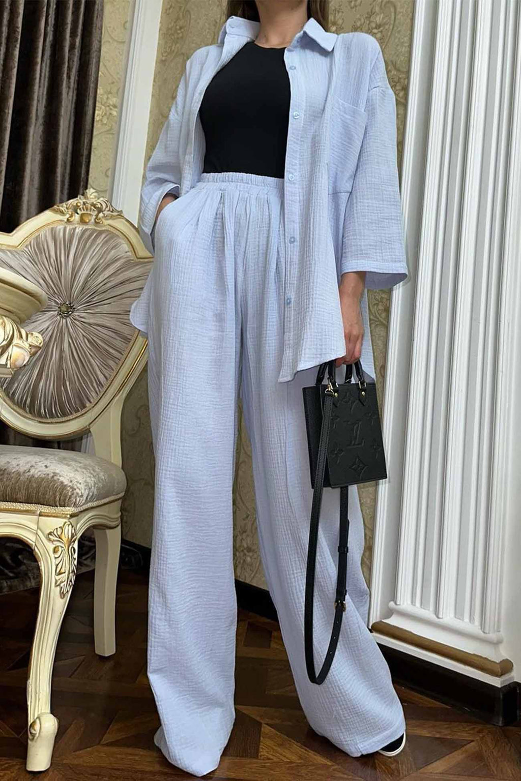Button Belt Wide Leg Pants Two-piece Set