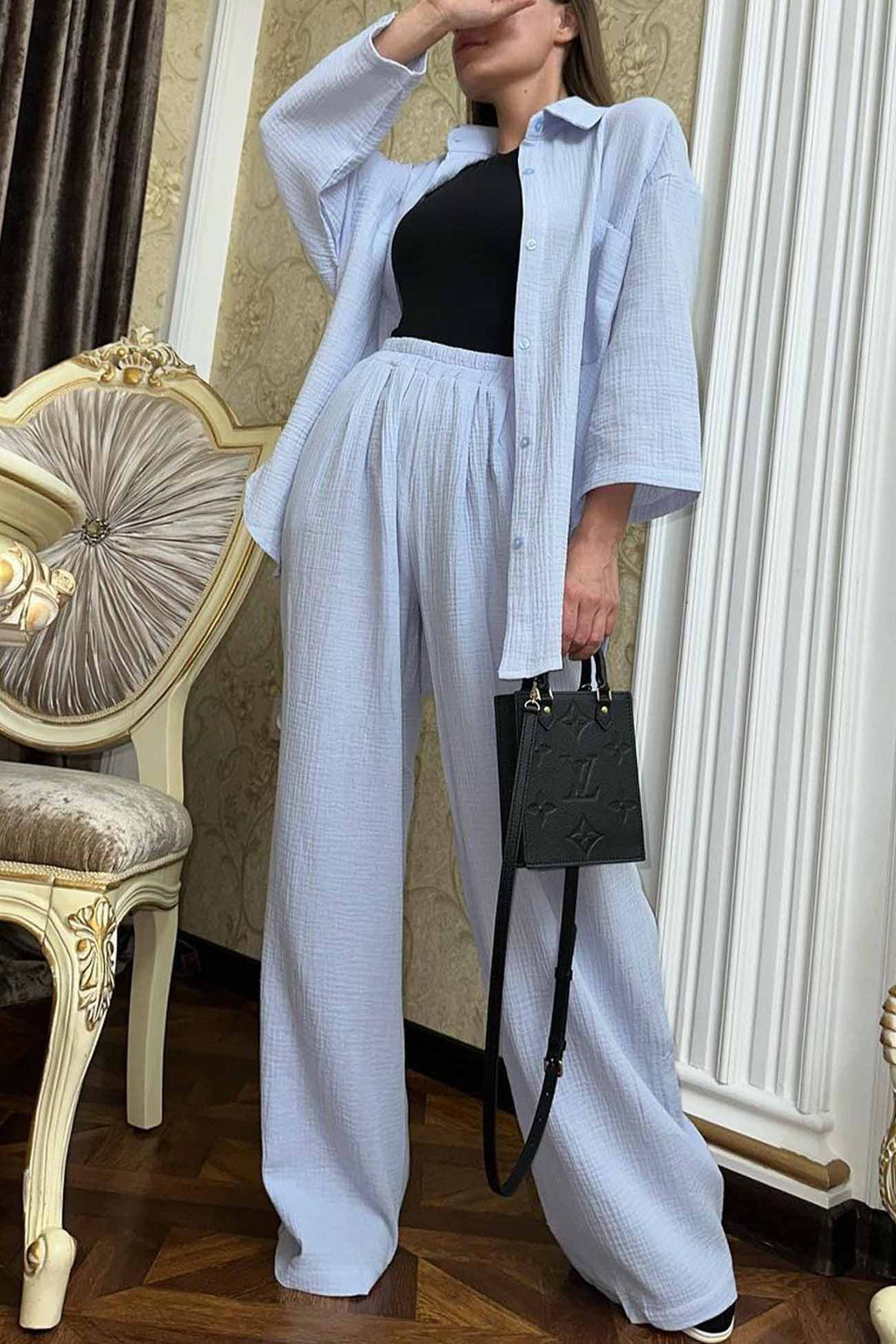 Button Belt Wide Leg Pants Two-piece Set
