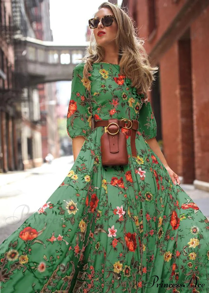 Bohemia Maxi Dress With Round Neck and Half Sleeves