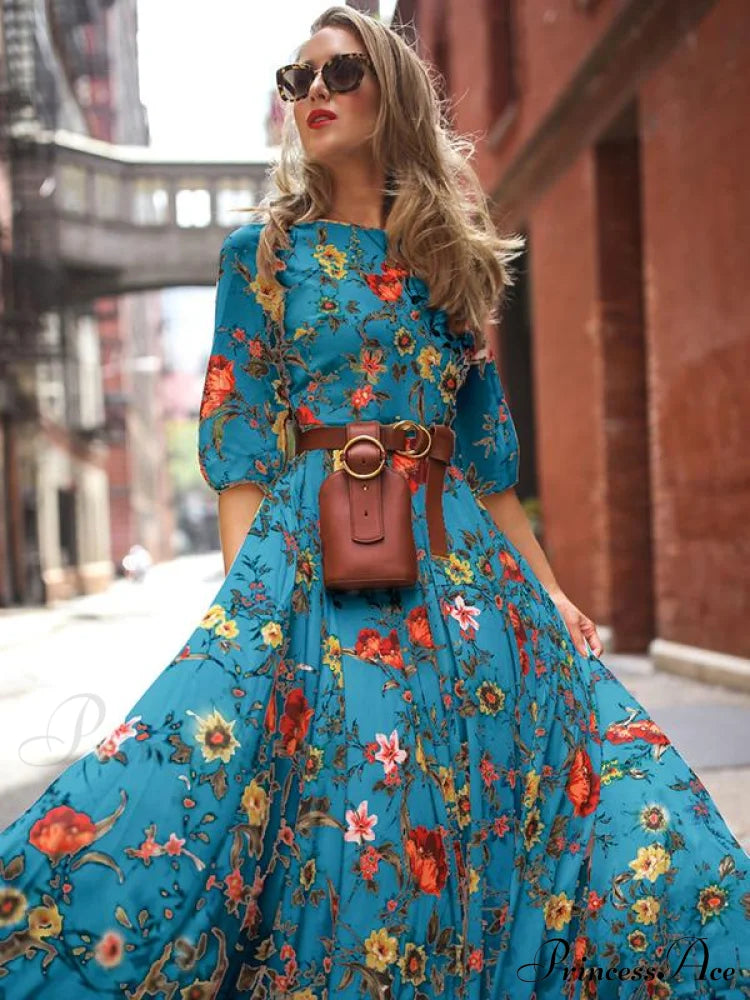 Bohemia Maxi Dress With Round Neck and Half Sleeves
