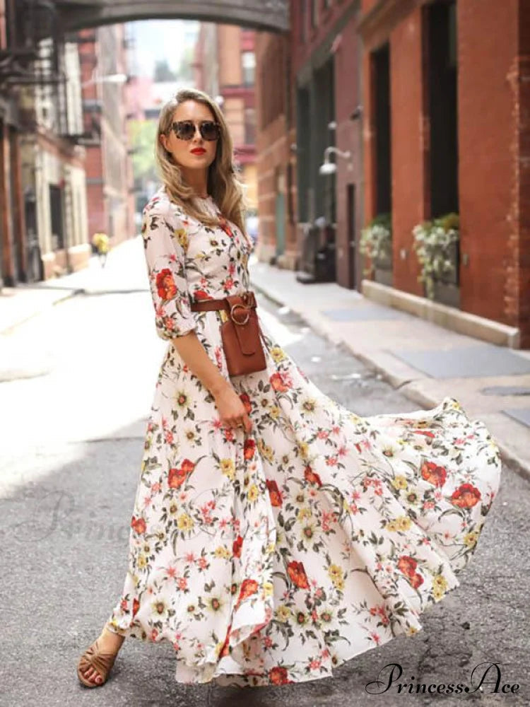 Bohemia Maxi Dress With Round Neck and Half Sleeves